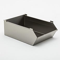 Photo of a large solid stainless steel bin for holding assembly parts