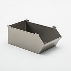 Photo of a medium-sized stainless steel bin for holding assembly parts