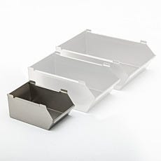 Photo of a set of solid stainless steel tote bins with the small size highlighted