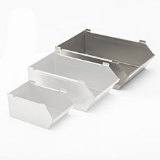 Photo of a set of solid stainless steel tote bins with the large size highlighted