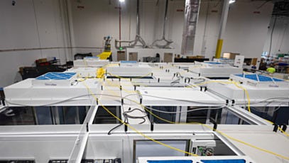 WhisperFlow fan filter units installed on modular cleanroom ceiling grid