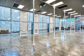 Interior of hardwall modular cleanroom showing 18 LED lights integrated into powder-coated steel ceiling grid