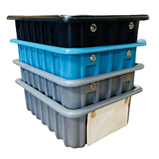 four modular stacking tote boxes stacked on top of each other in two piles