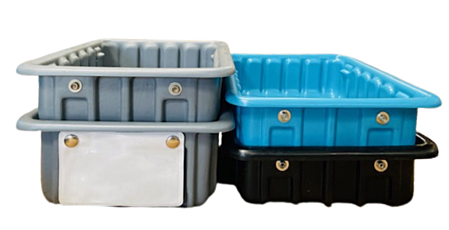 two modular stacking tote boxes stacked on top of each other