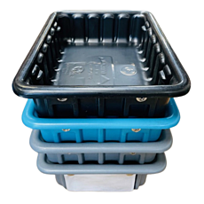 three modular stacking tote boxes spread out with different openings