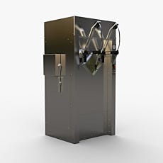 Render of a stainless steel hot cell for nuclear pharmacy compounding with telemanipulators