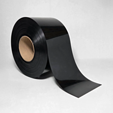 Roll of black opaque PVC strip curtain material on a cardboard core, shown partially unrolled