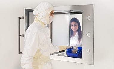 Stainless Steel Passthrough Chamber Shown Flush-Mounted in Cleanroom Wall
