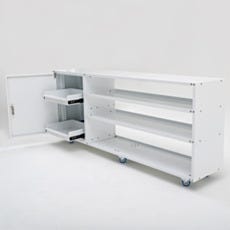 Side view of under counter multifunctional storage cabinet with lockable door open showing pull-out shelves and three open shelves with swivel casters for mobility