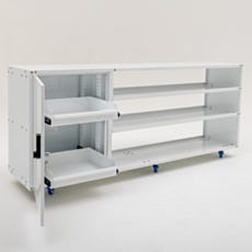 Under counter storage cabinet with lockable door open revealing two pull-out sliding shelves and open shelving section