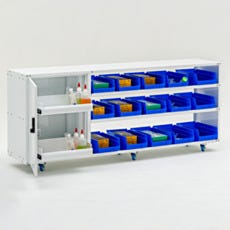 Under counter multifunctional storage cabinet fully loaded with bin organizers and cleaning supplies on swivel casters