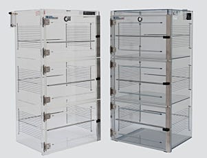 Plastic desiccator cabinets in acrylic and SDPVC with 3 chambers and adjustable shelving