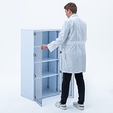 polypro storgae cabinent being opened by model