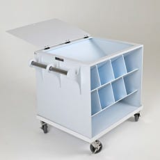 Polypropylene chemical transfer cart with top storage compartment