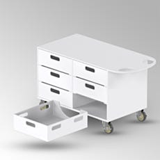 Front of Polypropylene chimical transport cart displaying drawers
