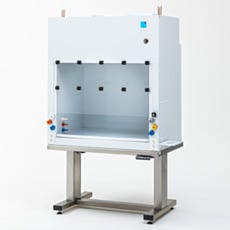 Polypropylene laminar flow hood on a work station with a white background