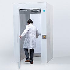 full view of air lock, door open with model walking in