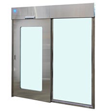 Automatic stainless steel sliding door with the path to the right open