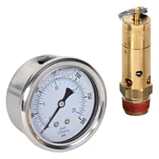 Atlas Copco pressure relief valve and pressure gauge kit shown side by side