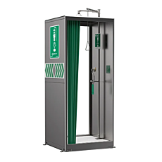 image of an enclosed stainless steel safety shower with dual side access