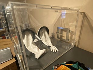 Clear plastic acrylic glovebox isolator for mixing non-hazardous pharmaceuticals