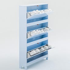 Wall-mounted shoe storage cabinet with all three flip-down compartments open, showing full storage capacity for cleanroom footwear