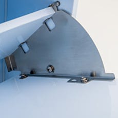 Close-up of the heavy-duty stainless steel hinge on the polypropylene wall-mounted shoe storage cabinet flip-down door