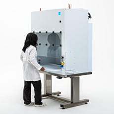 Model pulling out the perforated work surface from the laminar flow hood