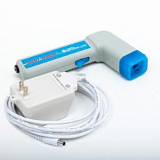 Side profile of Smart® IonGun™ ionizing gun with gray housing and blue nozzle tip