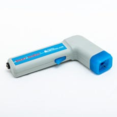 Side profile of Smart® IonGun™ ionizing gun with gray housing and blue nozzle tip