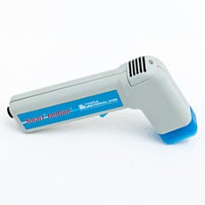 Back profile of Smart® IonGun™ ionizing gun with gray housing and blue nozzle tip