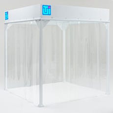 White Aluminum Frame Softwall Cleanroom with Clear Vinyl Strip Curtains Three-Sided Configuration