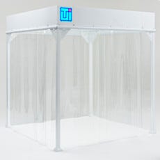 White Aluminum Frame Softwall Cleanroom with Clear Vinyl Strip Curtains Three-Sided Configuration