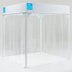 White Aluminum Frame Softwall Cleanroom with Clear Vinyl Strip Curtains Three-Sided Configuration