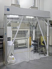 Steel-framed softwall cleanroom set up to test incoming raw materials