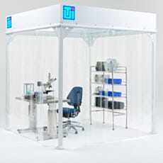 Softwall Cleanroom Enclosure with Microscope Workstation Chair and Stainless Steel Storage Shelves