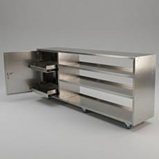 Side view of under counter multifunctional storage cabinet with lockable door open showing pull-out shelves and three open shelves with swivel casters for mobility