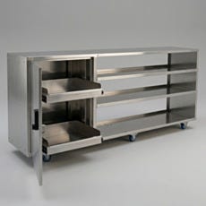 Under counter storage cabinet with lockable door open revealing two pull-out sliding shelves and open shelving section