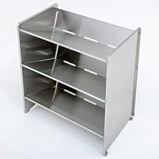 Stainless steel boot rack with three tiers of storage cubbies