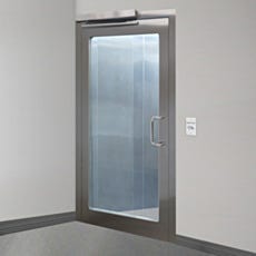 stainless steel pre-hung door with full viewing window, automatic open sensor