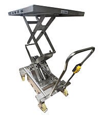 Stainless steel 1000kg double scissor lift cart fully extended showing hydraulic controls
