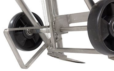close up of the kickstand of the stainless steel drum truck