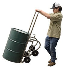 worker moving drum with stainless steel drum truck by vestil