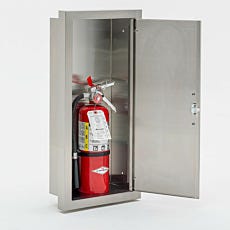 Open stainless steel fire extinguisher cabinet with red extinguisher inside