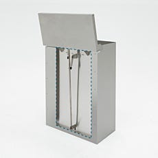 Backside cut-away view, stainless steel step-on garment hamper with pneumatic soft-closing lid, 30