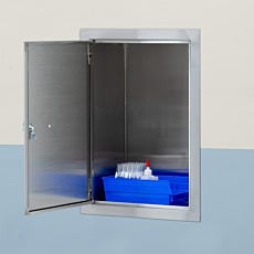 Open stainless steel storage cabinet with storage trays containing laboratory test tubes