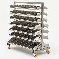 Photo of a double-sided stainless steel shelving unit for small parts totes or bins.