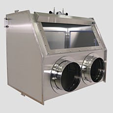 Vacuum-ready stainless steel glove box isolator with two glove ports