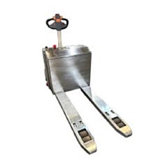 superlift's 5,000 lbs capacity stainles steel pallet truck with rider angled to the right