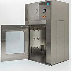 Stainless steel air shower pass-through with door open